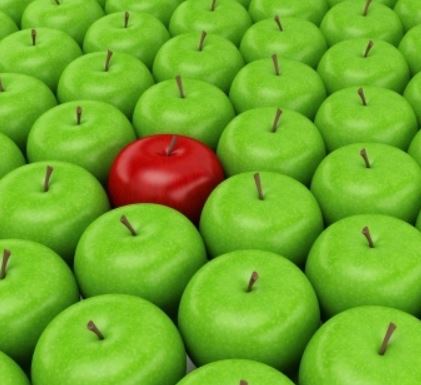 One Red Apple in a Group of Green Apples