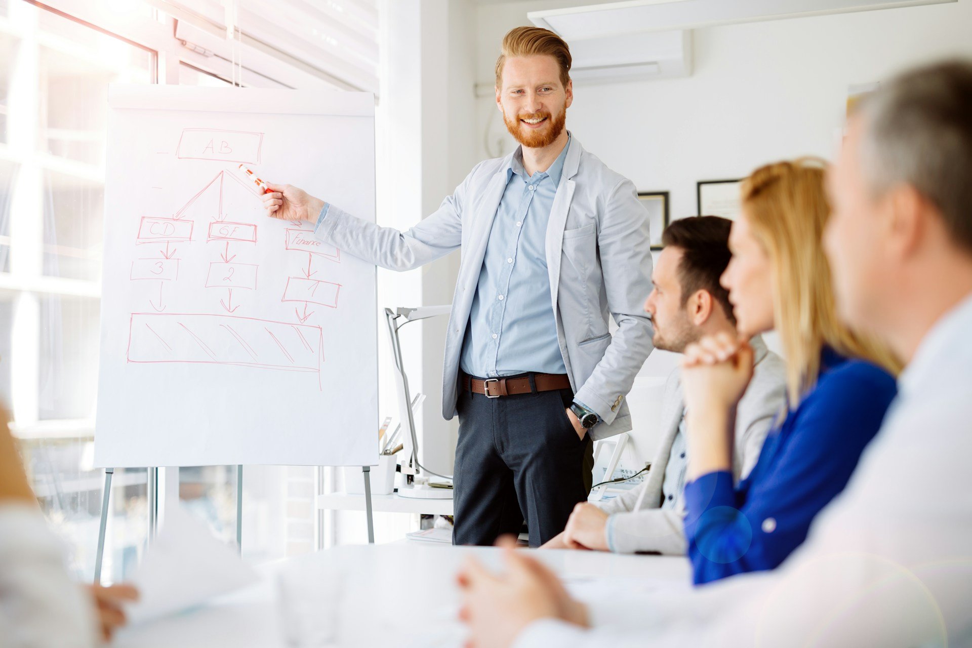 businessman pointing at diagram in an office meeting